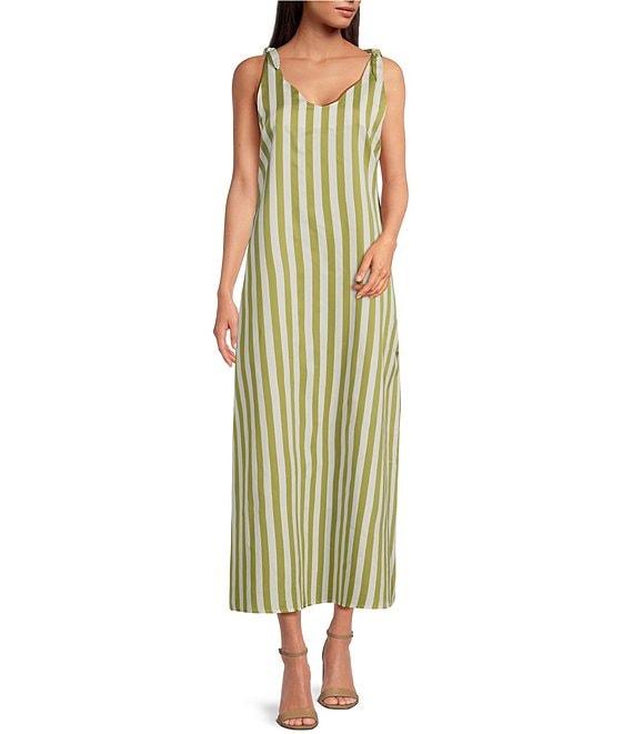Buru Tie Shoulder Strap Stripe Print Scalloped V-Neck Maxi Dress Product Image