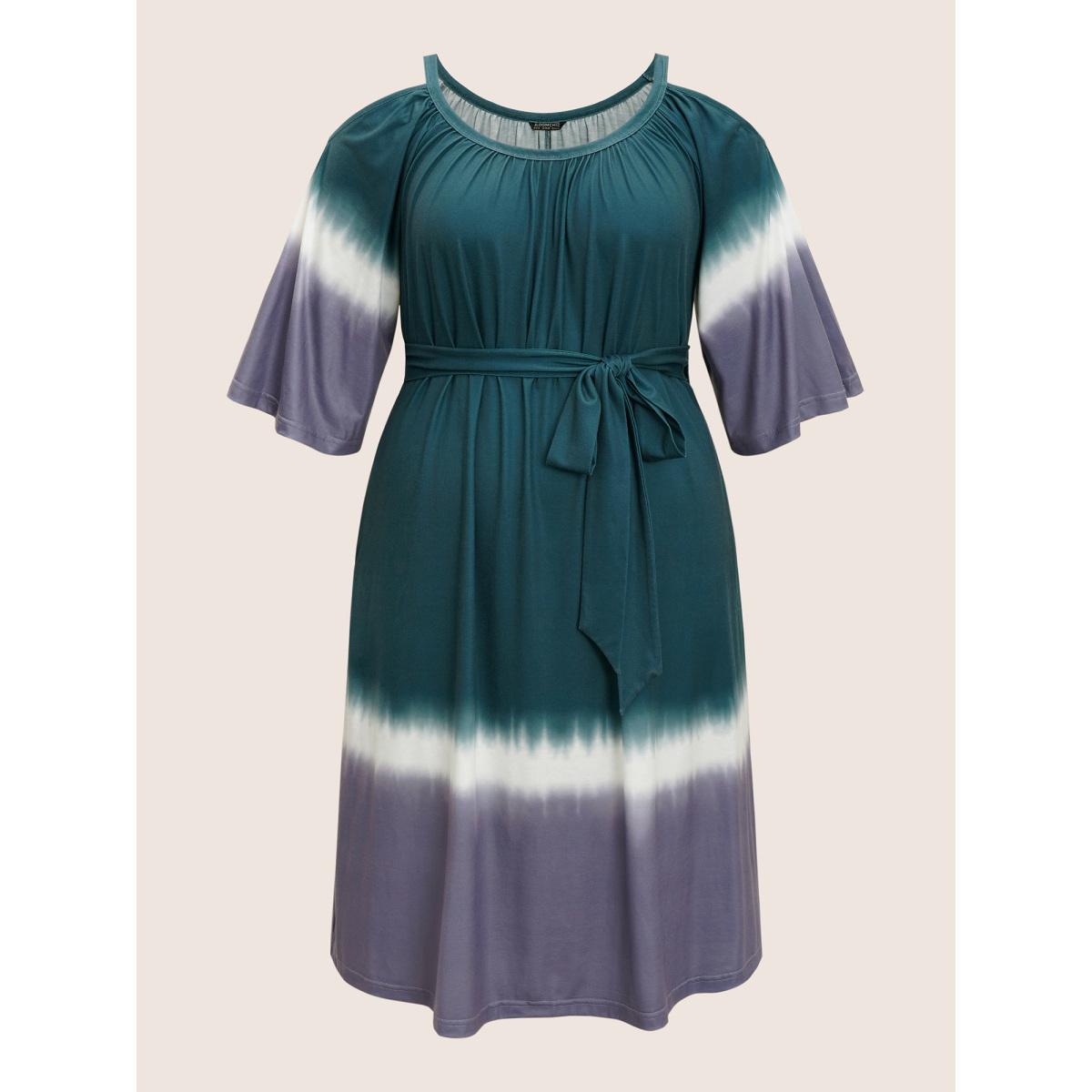 Plus Size Tie Dye Gathered Cold Shoulder Belted Dress Teal Women Resort Non U-neck Elbow-length sleeve Curvy Midi Dress BloomChic 22-24/3X Product Image