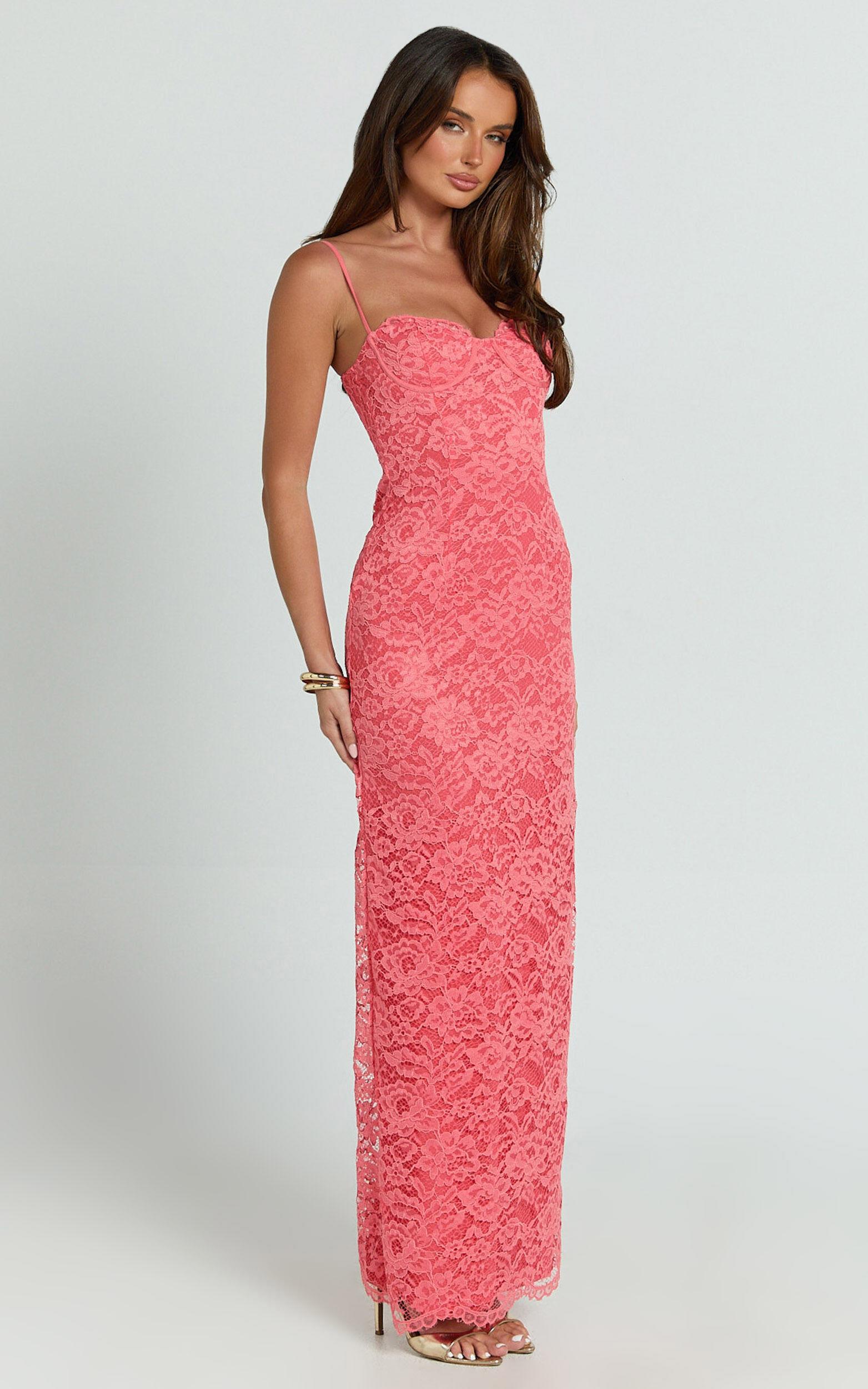 Carli Maxi Dress - Adjustable Strap Corset Bodycon Lace Dress in Watermelon Product Image