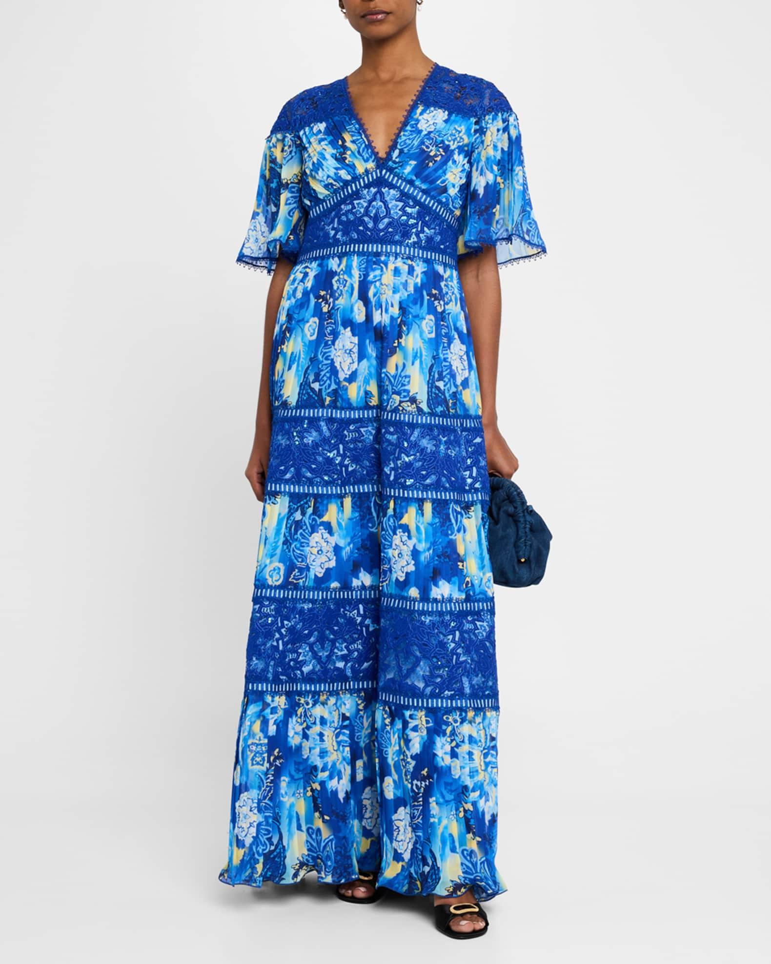 Tiered Lace-Trim Pleated Chiffon Gown Product Image