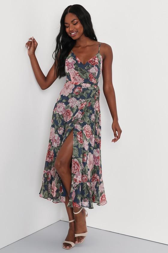 Delightfully Divine Navy Blue Floral Chiffon Wrap Midi Dress Product Image