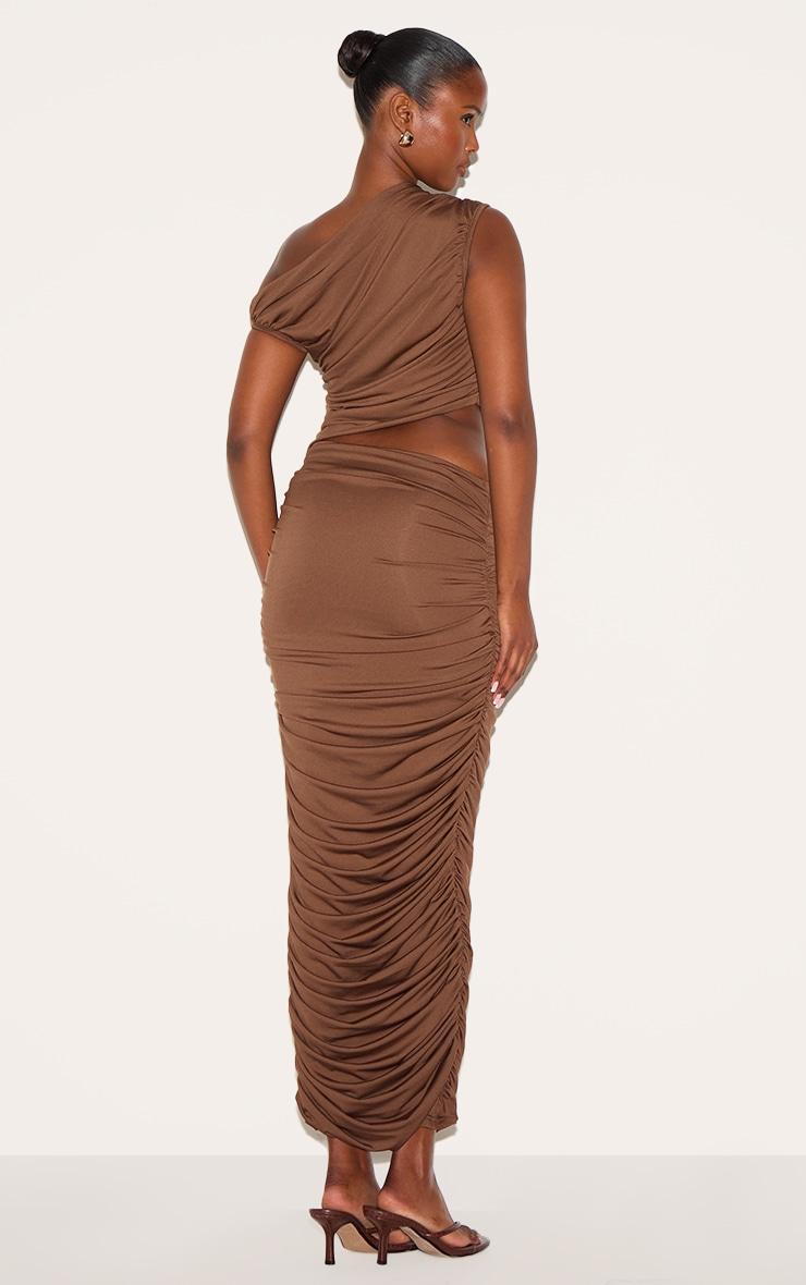 PLT Label Chocolate One Shoulder Ruched Cut Out Maxi Dress Product Image