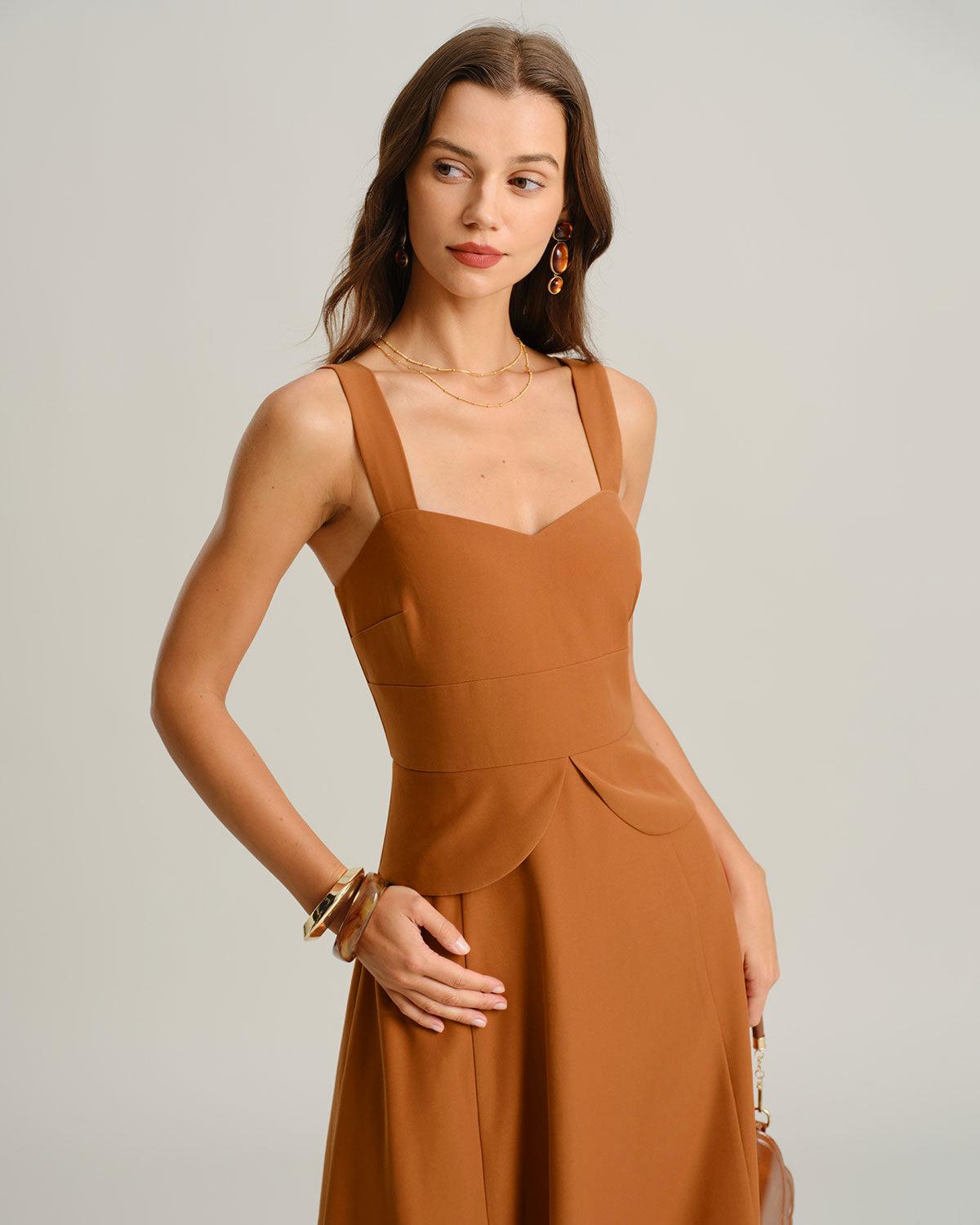 Caramel Sweetheart Neck Slip Midi Dress Product Image