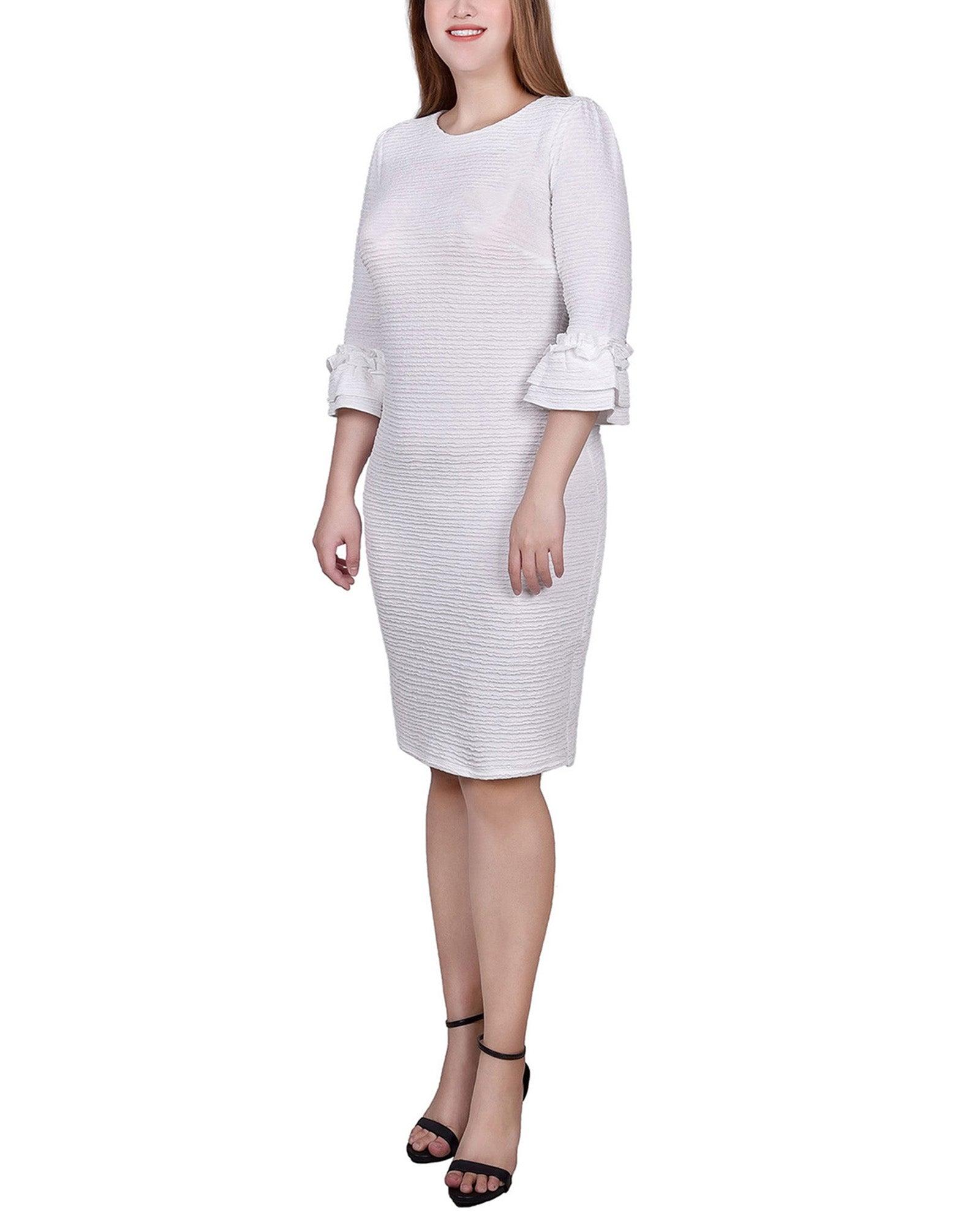 White 3/4 Sleeve Textured Knit Dress - Petite Product Image
