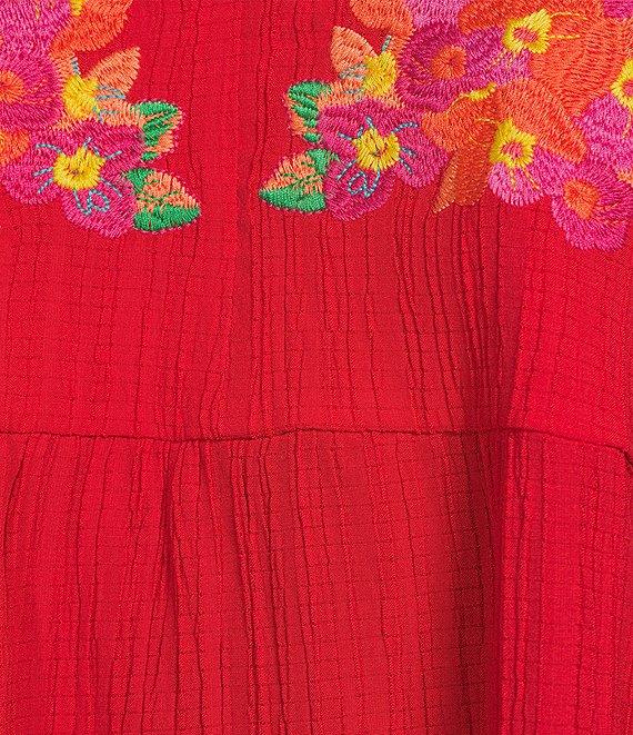 Calessa Embroidered Crinkle Split V-Neck Short Sleeve Top Product Image