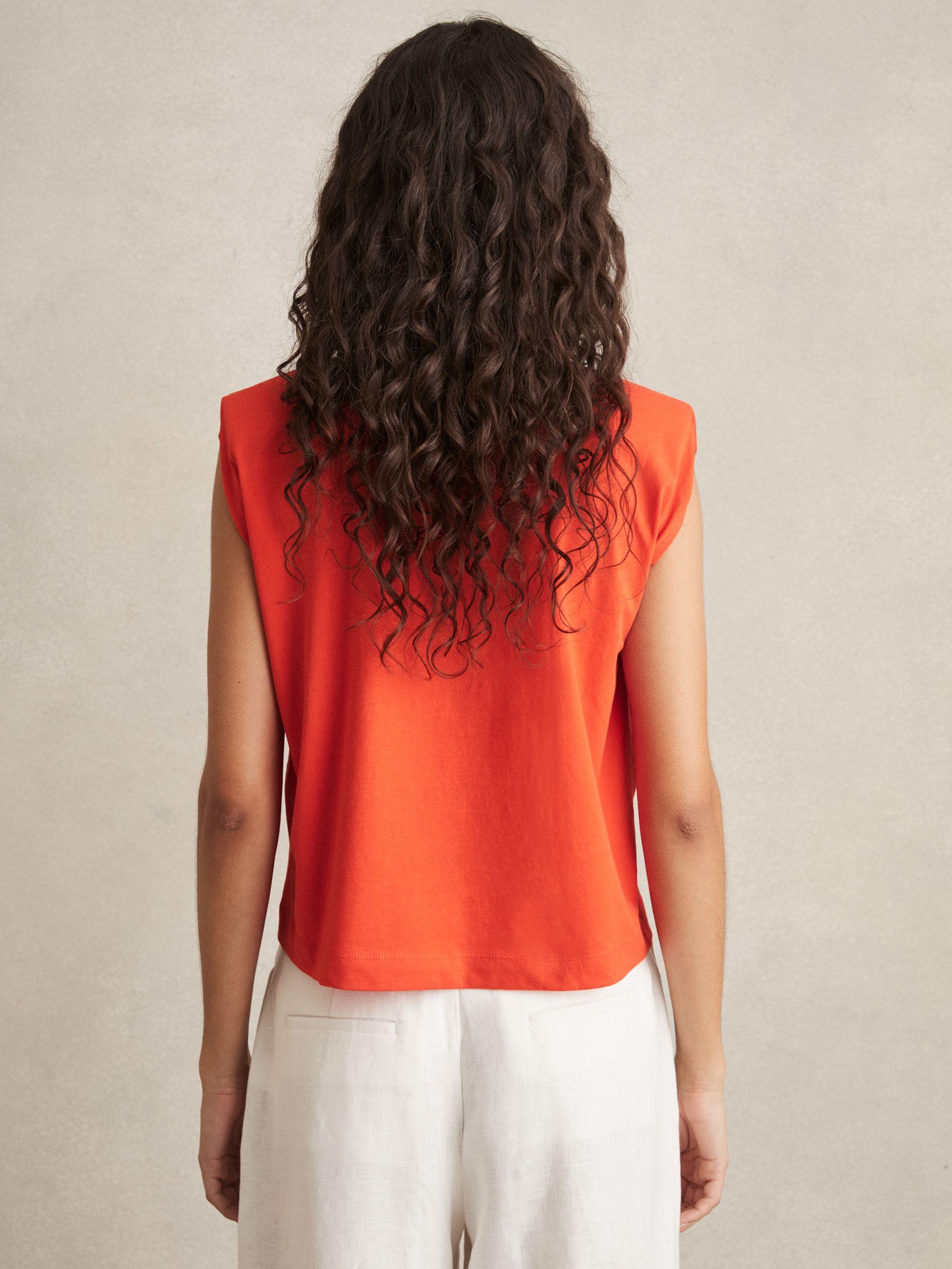 Cotton Shoulder-Pad V-Neck Top in Coral Product Image