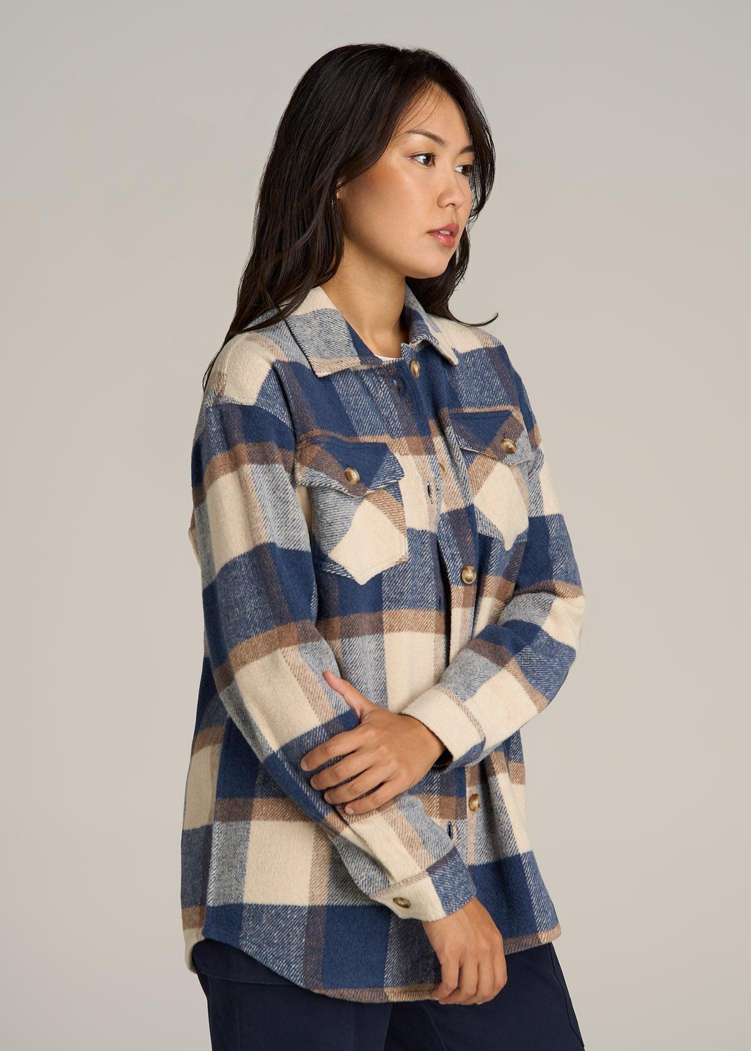 Flannel Shacket for Tall Women in Cream and Denim Blue Plaid Female Product Image