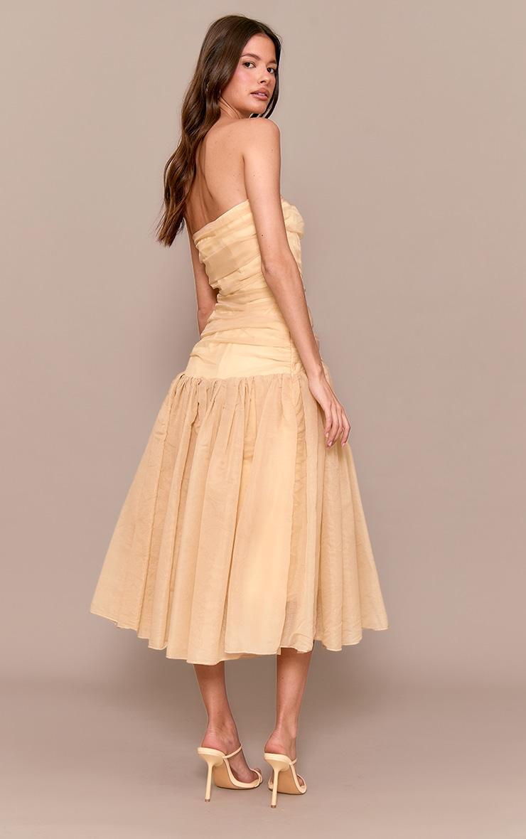 Yellow Organza Ruched Bodice Midi Dress Product Image