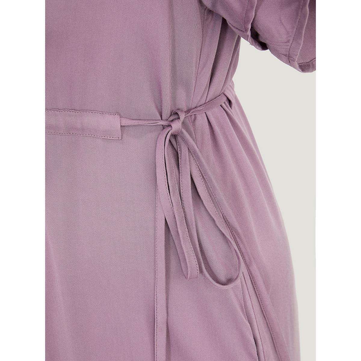 Plus Size Solid V Neck Ruffle Tiered Sleeve Pocket Drawstring Dress Mauve Women Office Drawstring V-neck Short sleeve Curvy Midi Dress BloomChic 14-16/1X Product Image