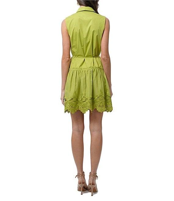 Adelyn Rae Dustina Woven Point Collar Neck Sleeveless Embroidered Hem Button Front Waist Tie Shirt Mini Dress Product Image