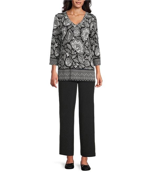 Allison Daley Petite Size Floral Beading 3/4 Sleeve V-Neck Knit Top Product Image