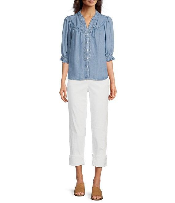 Democracy Lyocell V-Notch Neck Elbow Sleeve Crochet Inset Detail Top Product Image