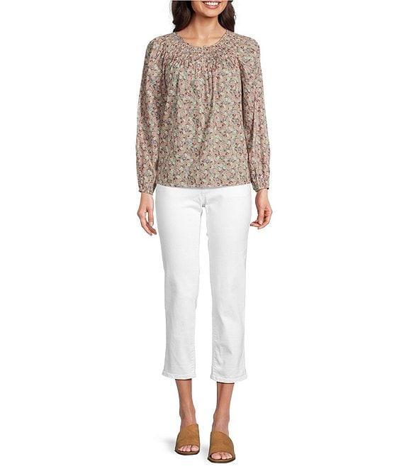 Lucky Brand Woven Floral Print Crew Neck Long Sleeve Smocked Button Front Blouse Product Image