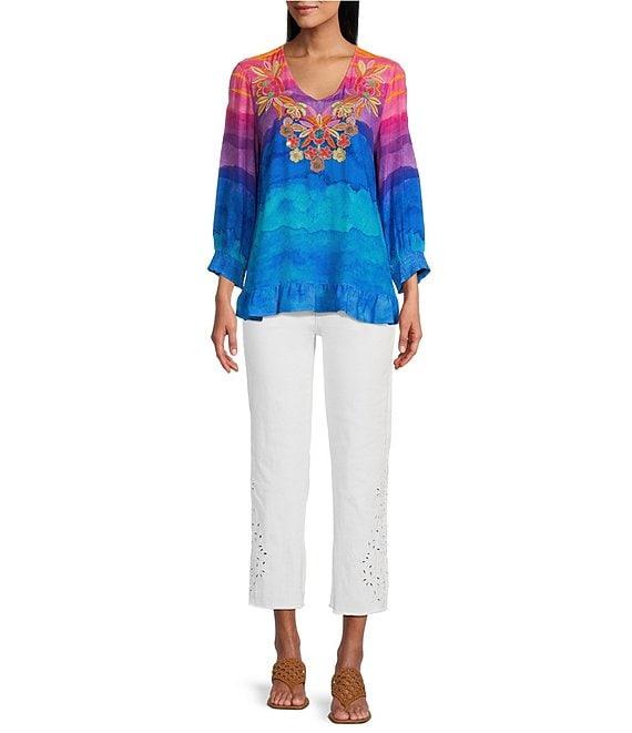 John Mark Embroidered Stripe Watercolor Print Split V-Neck 3/4 Sleeve Hi-Low Hem Tunic Product Image
