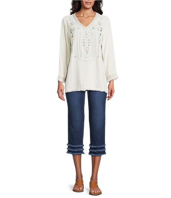 Multiples Embroidered Textured V-Neck 3/4 Sleeve Fringe Edge Top Product Image