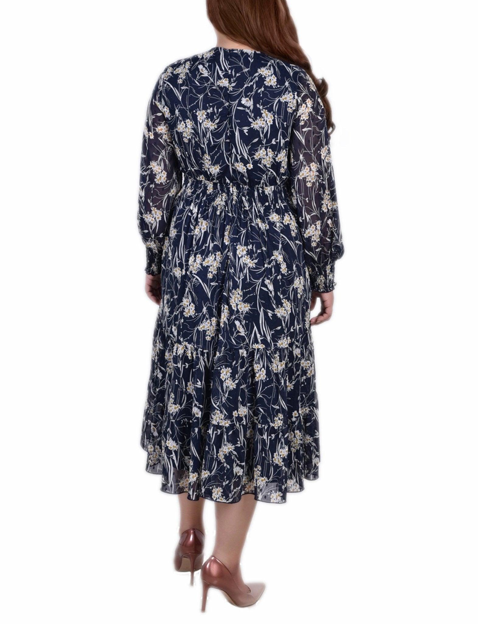 Navy Floral Long Sleeve Clip Dot Chiffon Dress With Smocked Waist and Cuffs - Plus Product Image