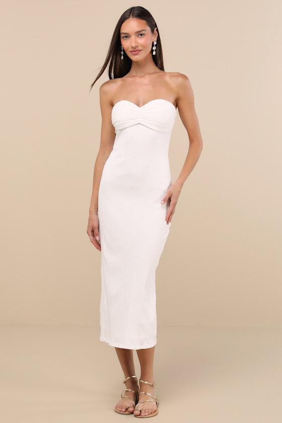Basilia White Ribbed Strapless Midi Dress Product Image