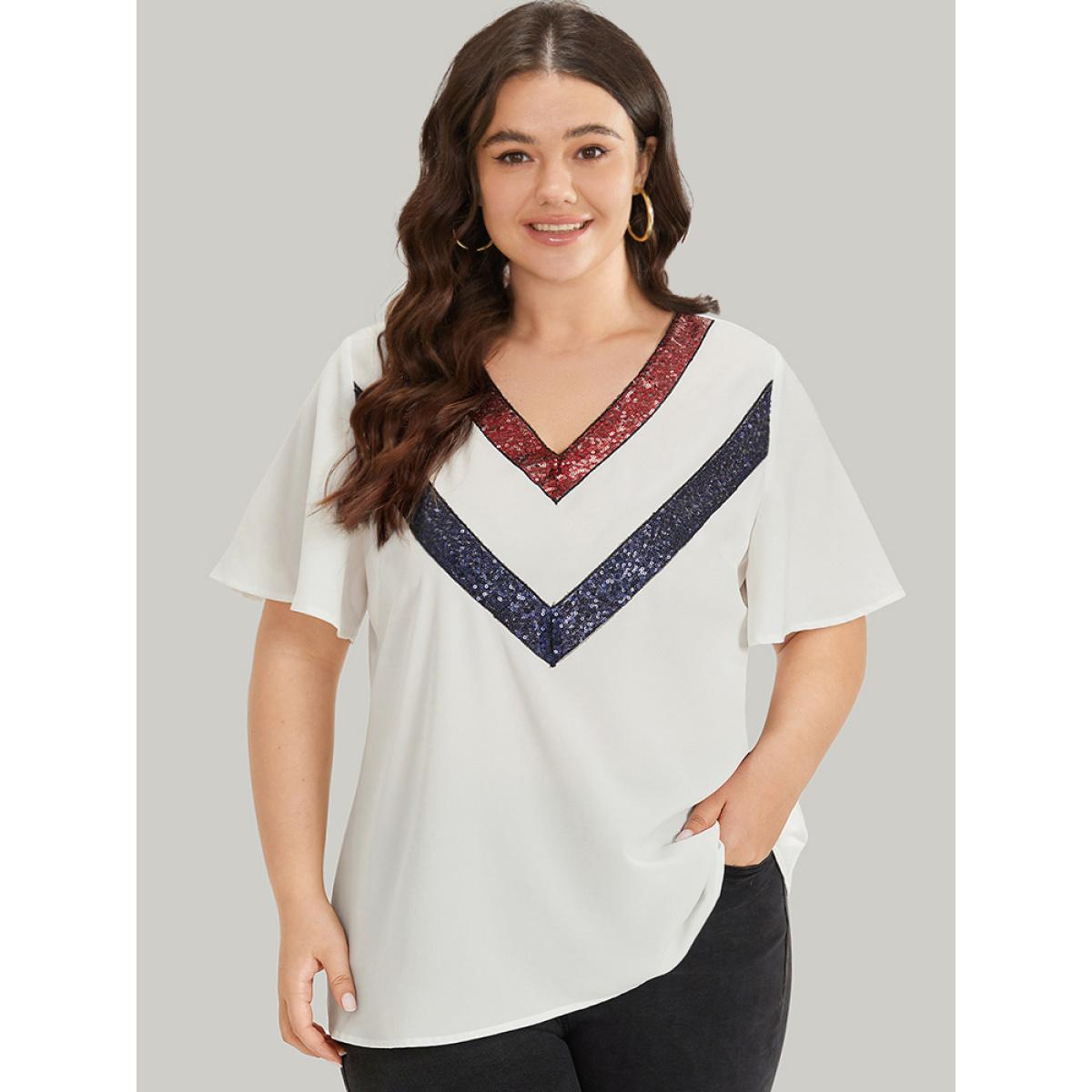 Plus Size White Contrast Webbing V Neck Ruffle Sleeve Blouse Women Party Short sleeve V-neck Going out Blouses BloomChic 18-20/2X Product Image