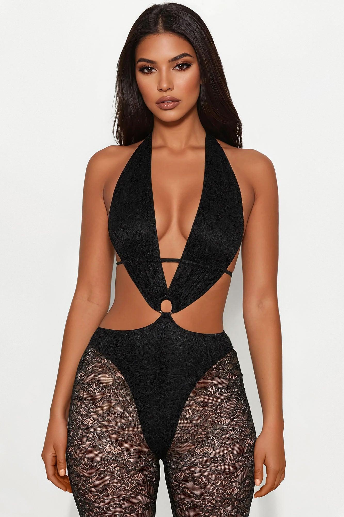 Lucky Night Lace Halter Jumpsuit - Black Female Product Image