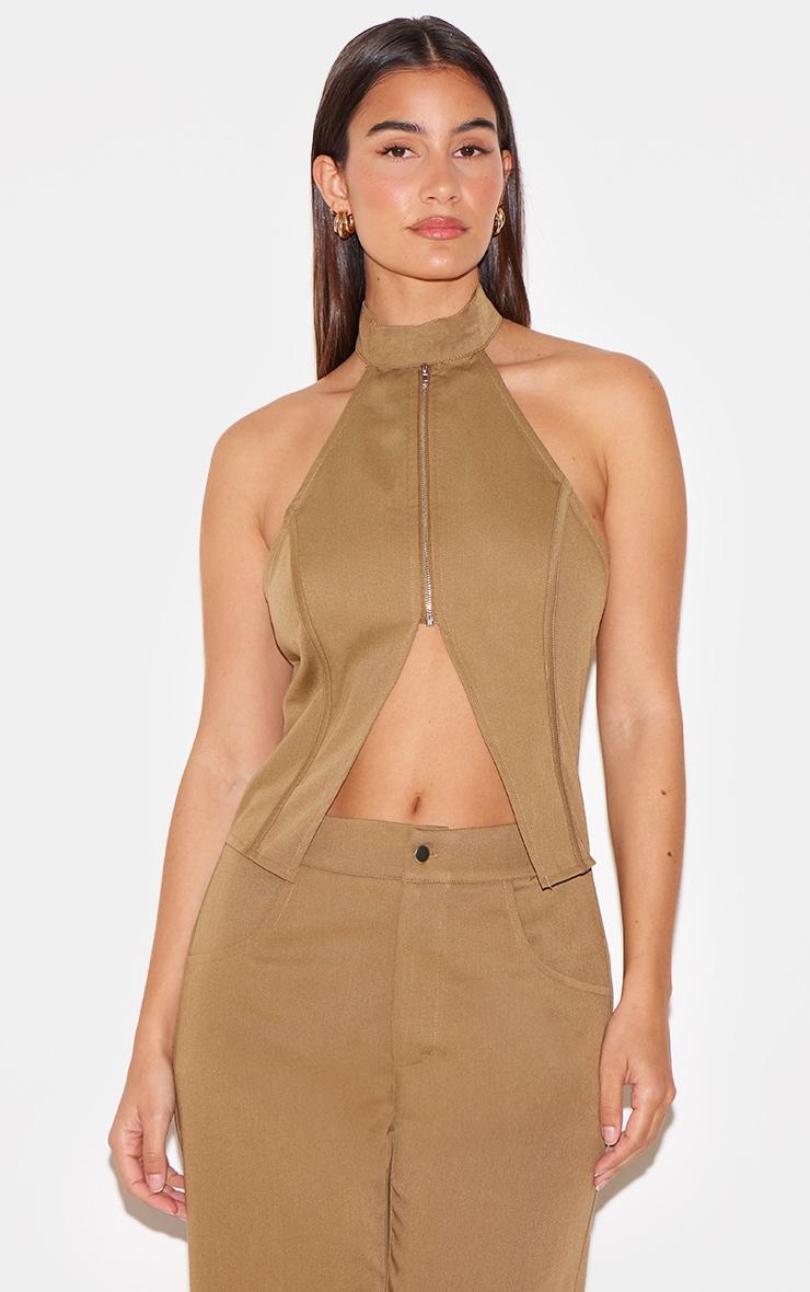  Khaki Woven High Neck Zip Detail Straight Leg Jumpsuit Product Image
