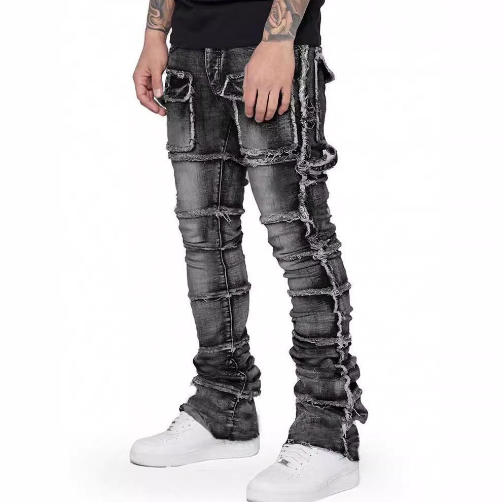 Hiphop Fashion Stretch Patch Cargo Straight Jeans Product Image