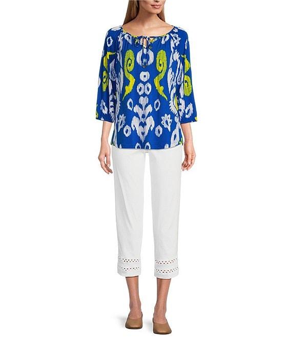 Multiples Petite Size Knit Printed Tie Detail Split Neckline 3/4 Sleeve Peasant Top Product Image