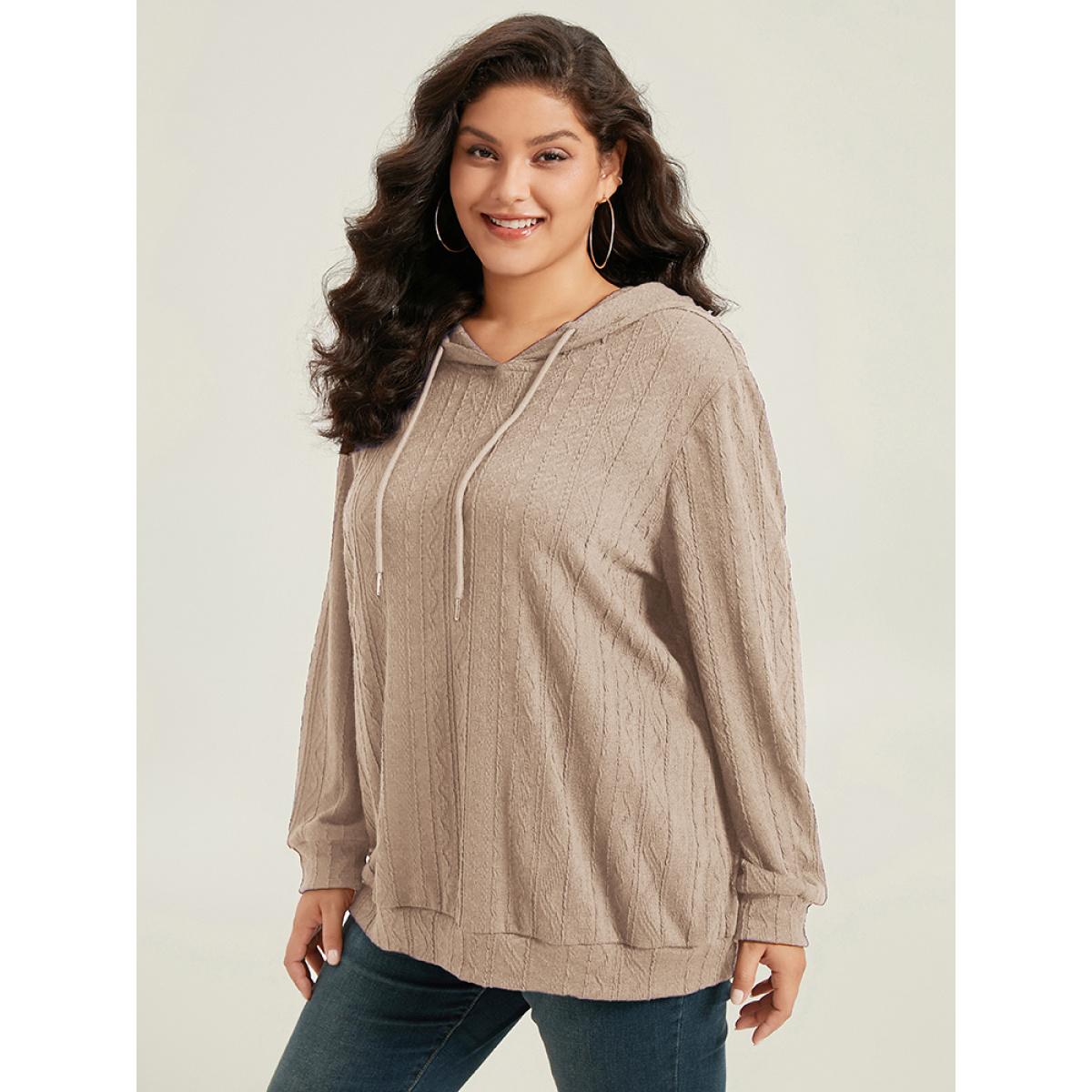 Plus Size Plain Textured Hooded Drawstring Sweatshirt Women LightBrown Casual Elastic cuffs Hooded Everyday Sweatshirts BloomChic 18-20/2X Product Image