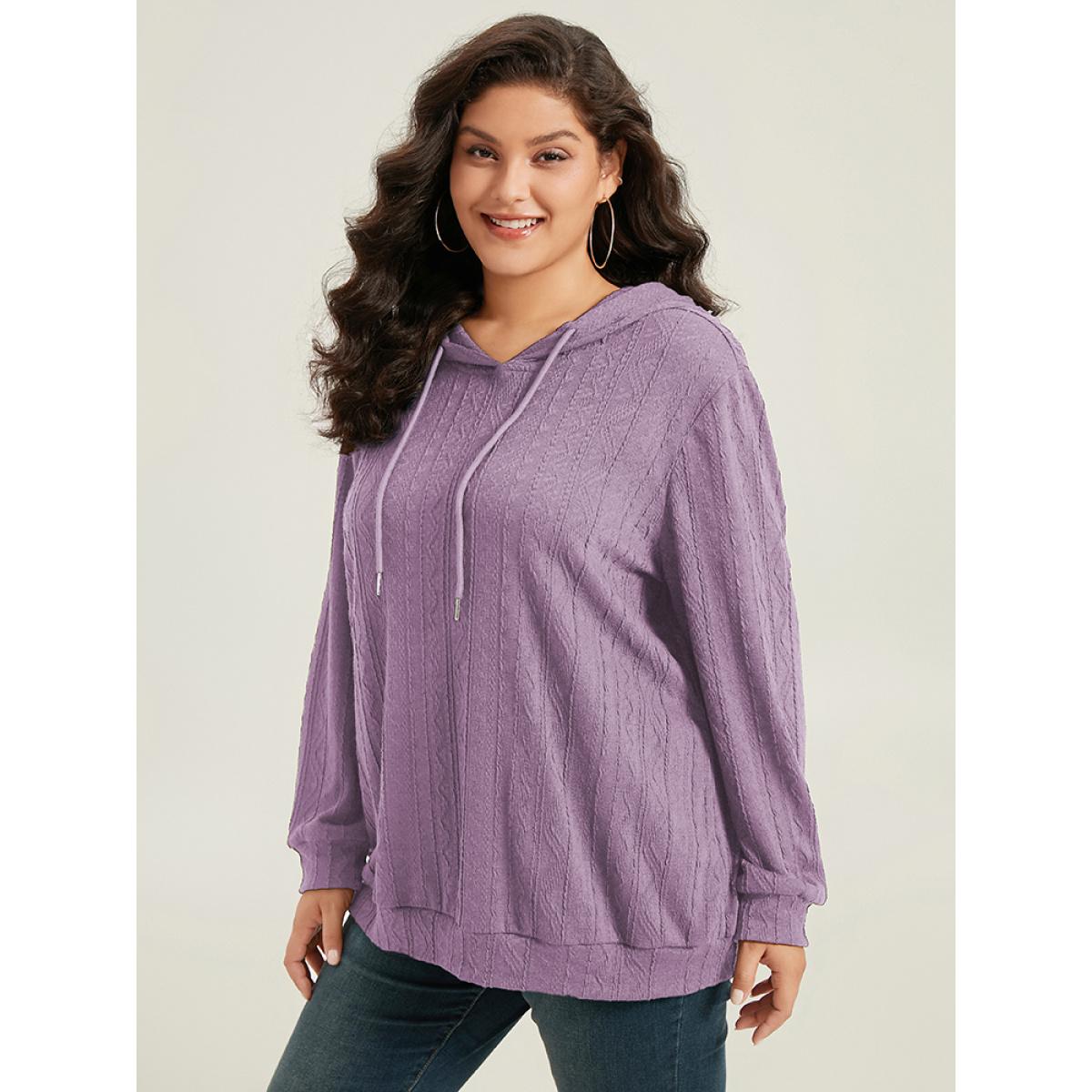 Plus Size Plain Textured Hooded Drawstring Sweatshirt Women Purple Casual Elastic cuffs Hooded Everyday Sweatshirts BloomChic 22-24/3X Product Image