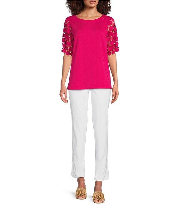 Ali Miles Petite Size Knit Round Neck Short Puff Sleeve Tunic Product Image