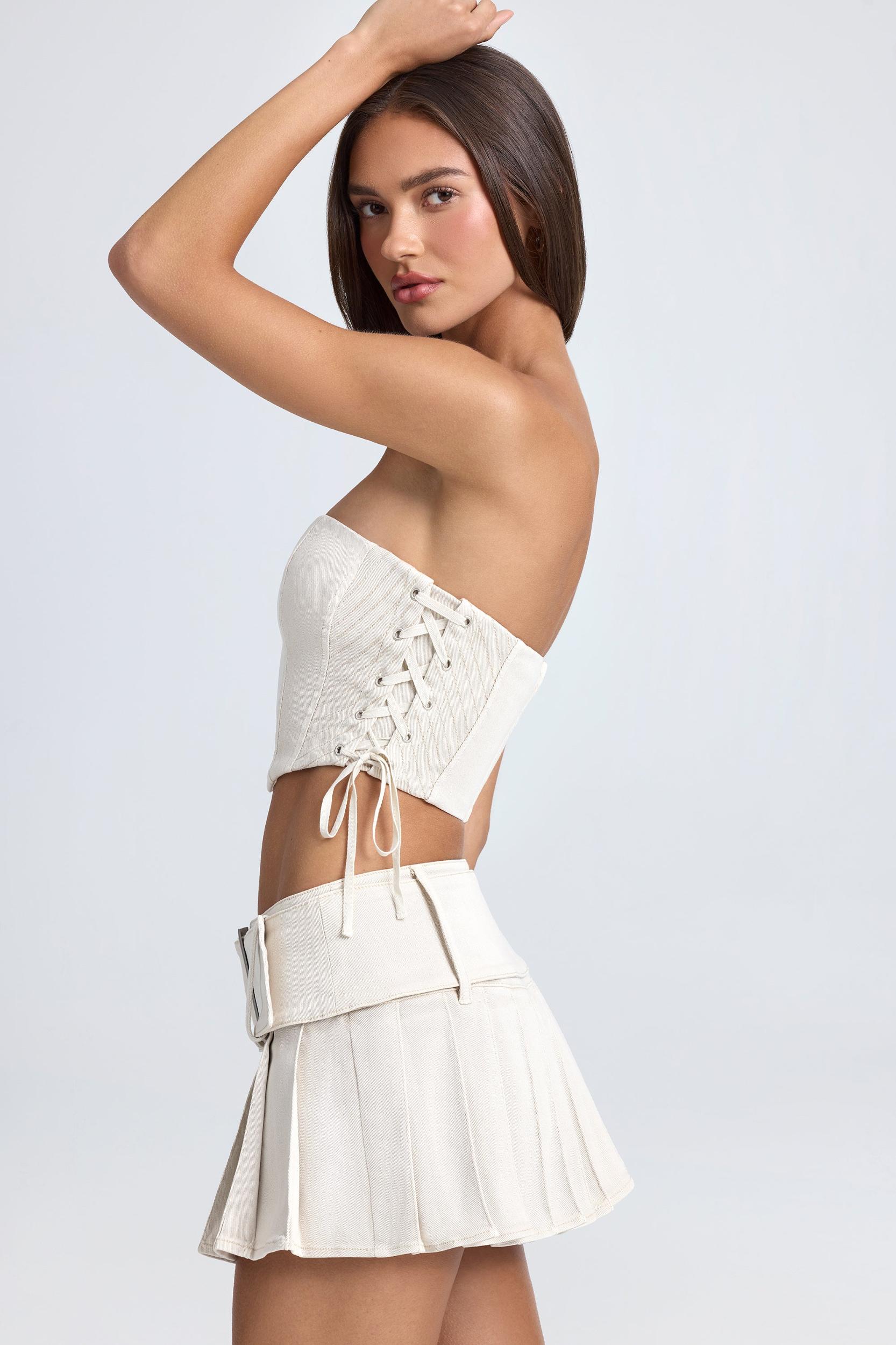 Belted Pleated Low-Rise Micro Mini Skirt in Ecru Product Image