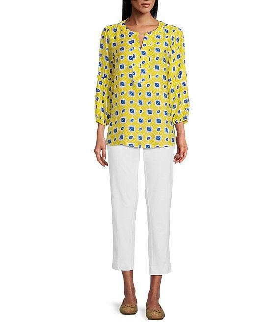 Multiples Geo Print Crinkle Woven Y-Neck 3/4 Bishop Sleeve Side Slit Top Product Image