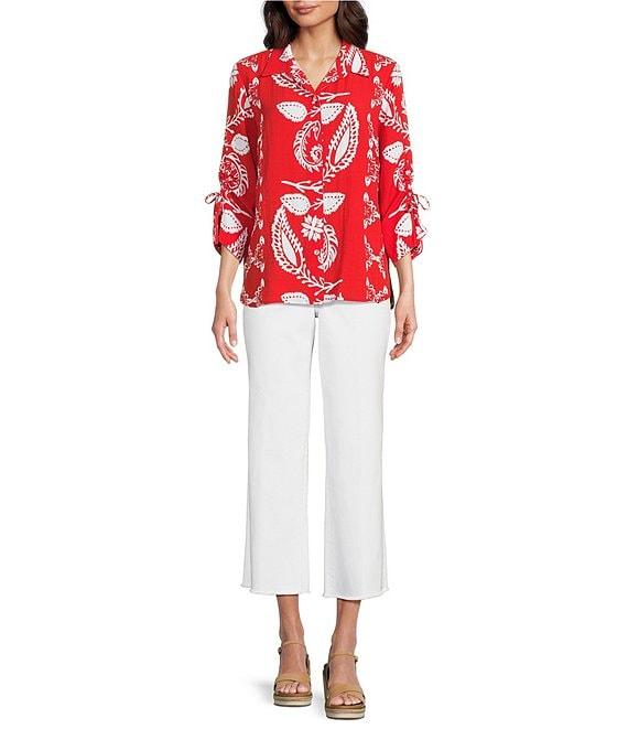 Tru Luxe Jeans Placed Print Point Collar 3/4 Ruched Sleeve Button Front Tunic Product Image