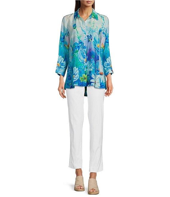 Ali Miles Floral Printed Point Collar 3/4 Sleeve Button Front Tunic Product Image