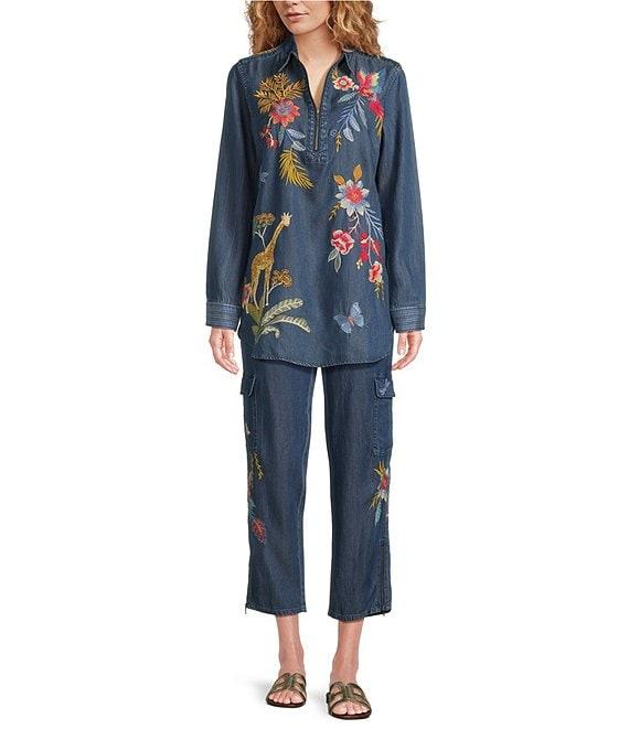 JOHNNY WAS Jane Lightweight Denim Smocked Waist Embroidered Tapered Leg Cargo Ankle Pants Product Image