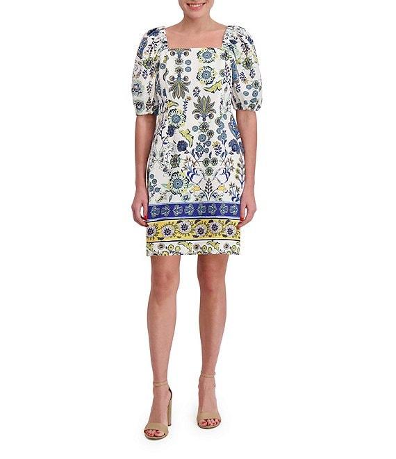 Anne Klein Linen Blend Floral Print Square Neck Short Sleeve Sheath Mini Dress Product Image