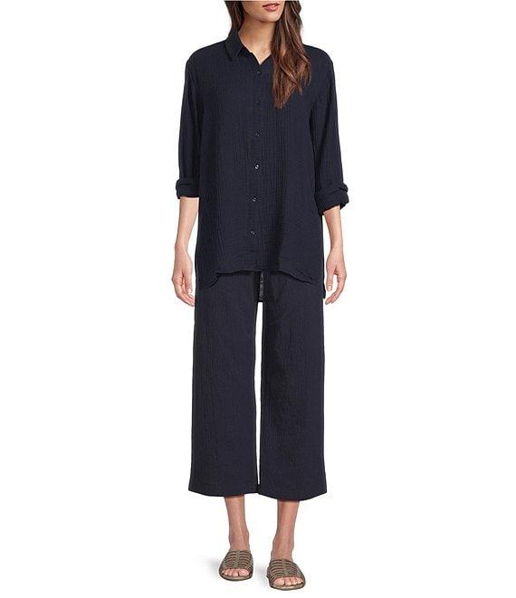 Eileen Fisher Petite Size Organic Cotton Gauze Point Collar Long Sleeve Top Product Image
