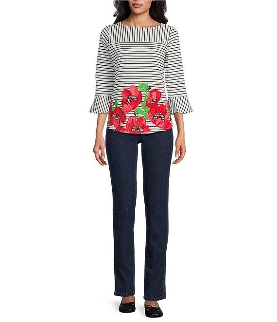 Ruby Rd. Embroidered Stripe Boat Neck 3/4 Sleeve Poppy Top Product Image