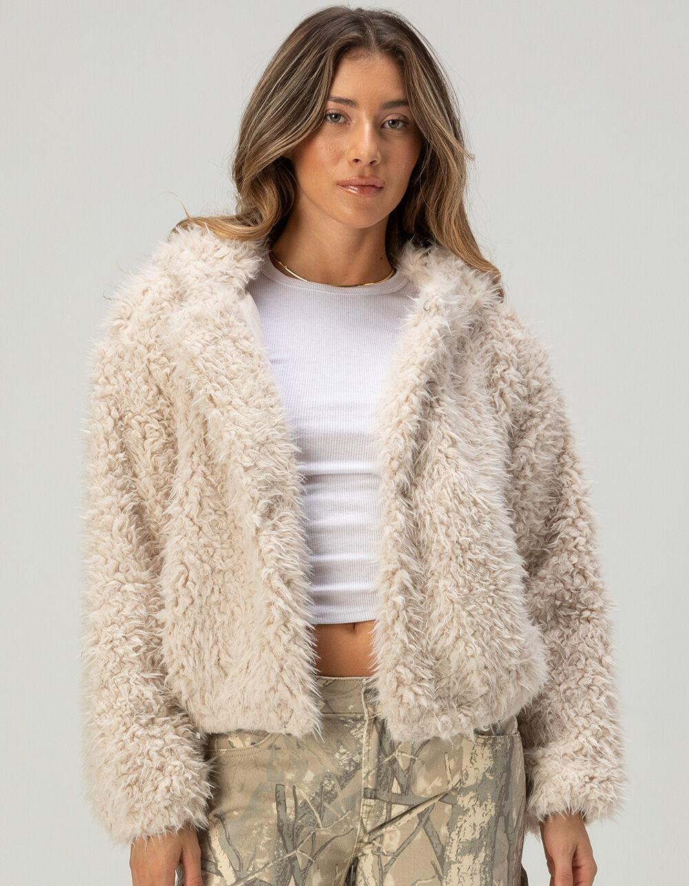 RSQ Womens Long Fur Hooded Jacket - TAN Product Image