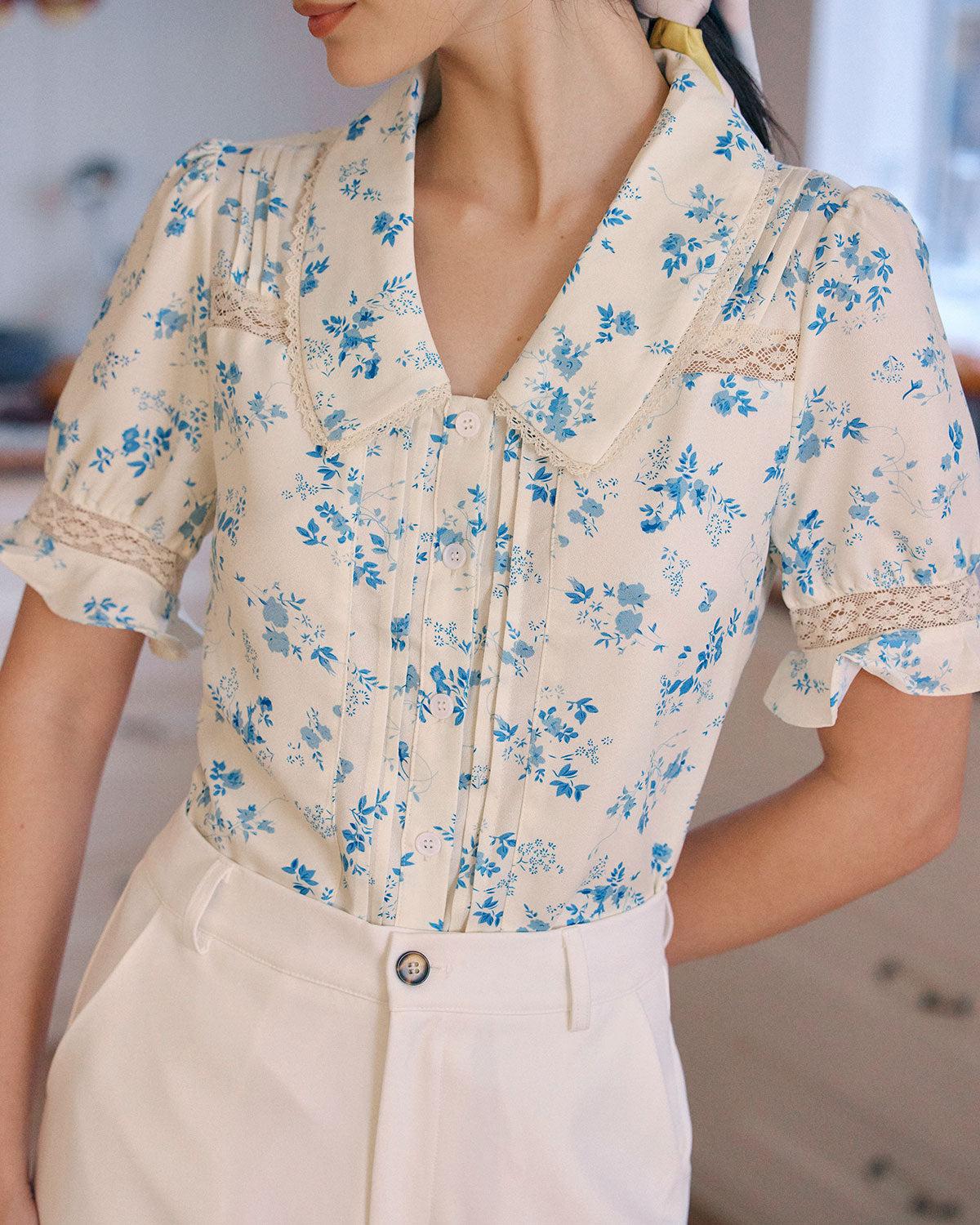 The Lace Spliced Pleated Floral Shirt Female Product Image