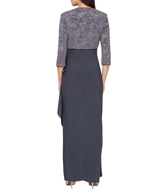 Alex Evenings Ruched 3/4 Sleeve Scoop Neck 2-Piece Glitter Jacket Dress Product Image