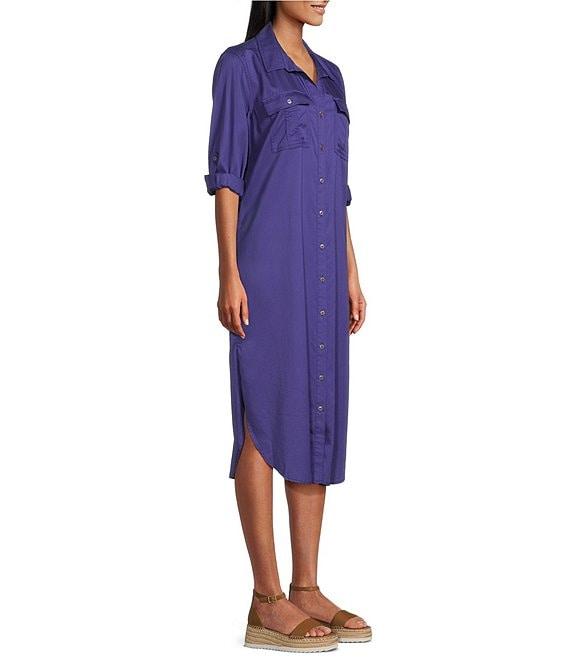 Westbound Petite Size 3/4 Roll-Tab Sleeve Button-Front Midi Shirt Dress Product Image