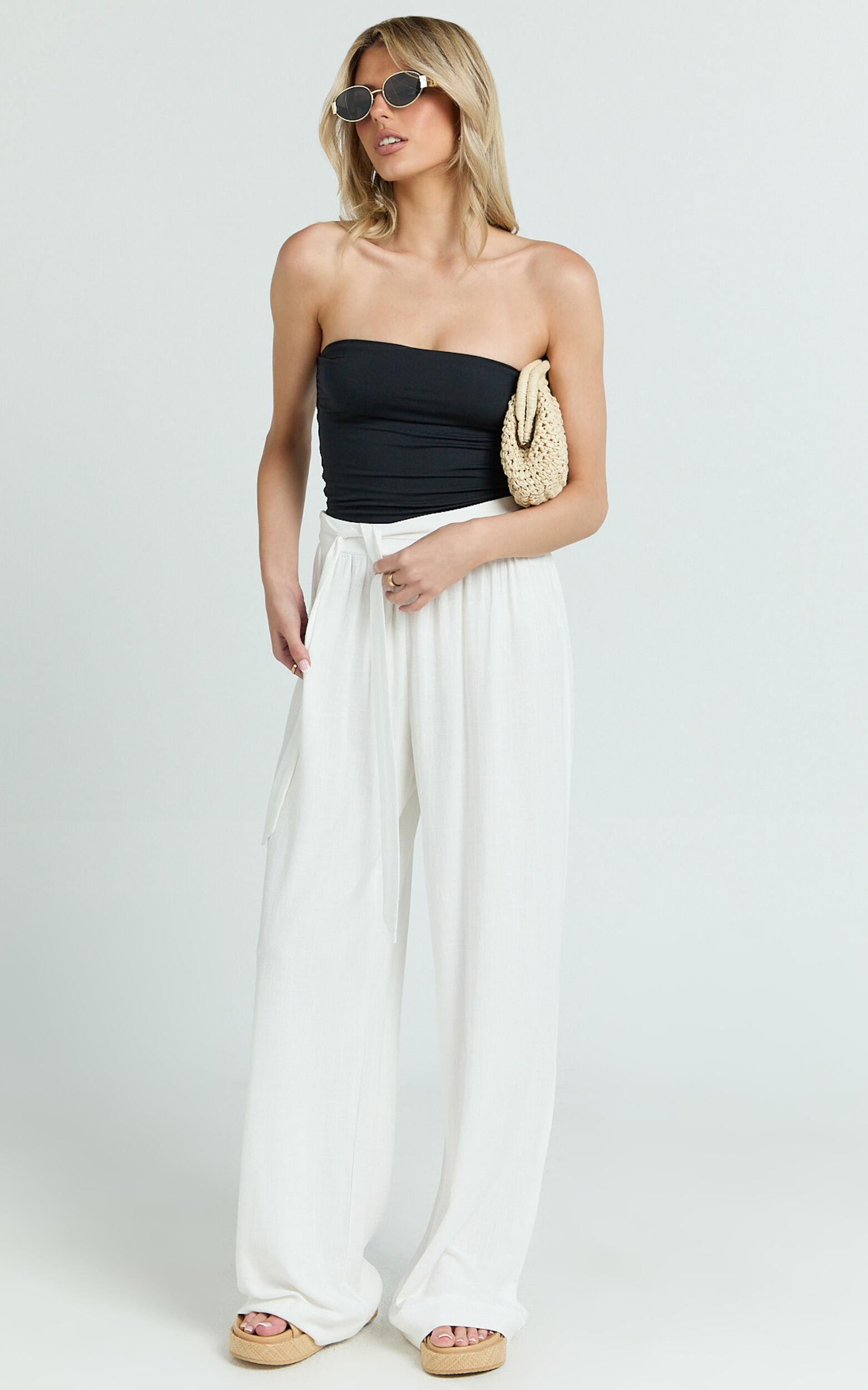 Kalli Pants - Linen Look Belted Wide Leg Relaxed Pants in White Product Image