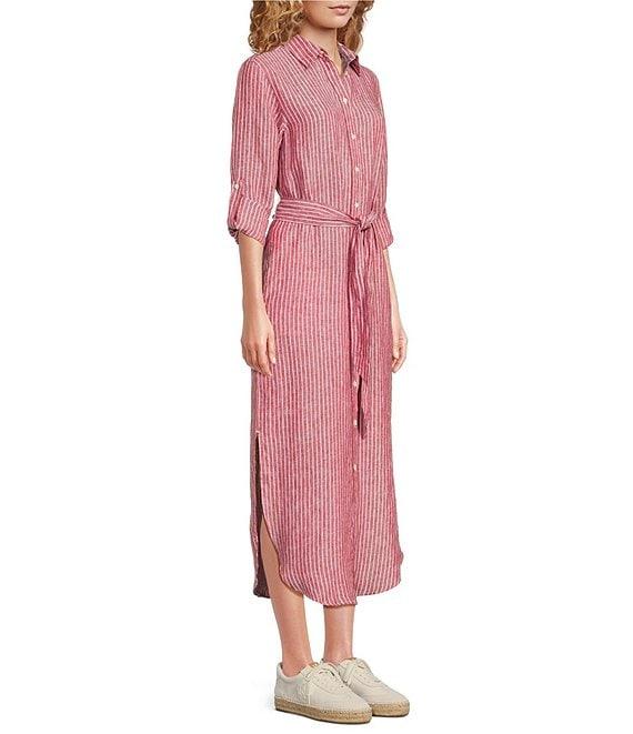 Lauren Ralph Lauren Kiredel Stripe Linen Point Collar Roll-Tab Sleeves Belted Button Front Midi Shirt Dress Product Image