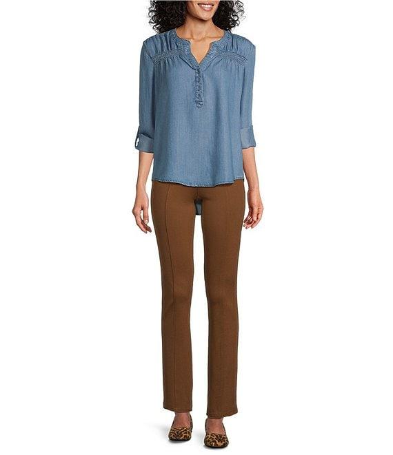 Intro Petite Size Lyocell Slub Shirred Yoke Long Roll-Tab Sleeve Shirred Popover Top Product Image