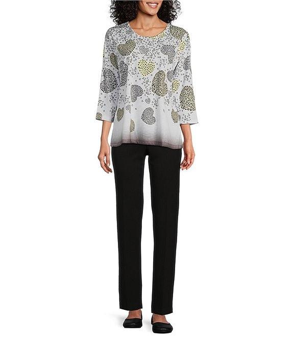 Allison Daley Embellished Cascading Hearts Print 3/4 Sleeve Crew Neckline Knit Top Product Image