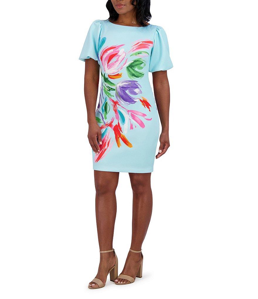 Jessica Howard Short Puffed Sleeve Floral Scuba Sheath Dress Product Image