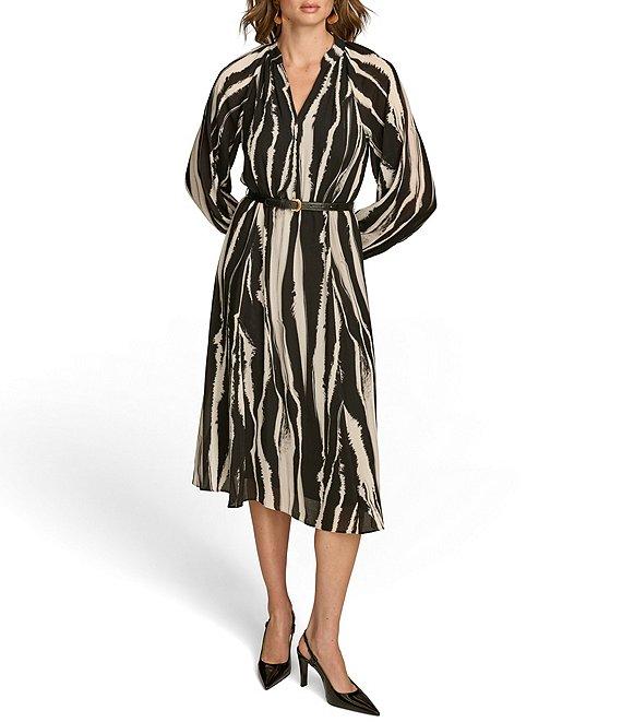 Donna Karan Printed Chiffon V-Neck Blouson Sleeve Belted A-Line Midi Dress Product Image