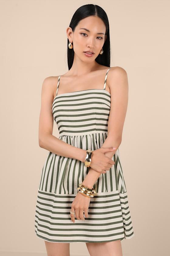 Yamila Olive Striped Textured Cutout Mini Dress Product Image