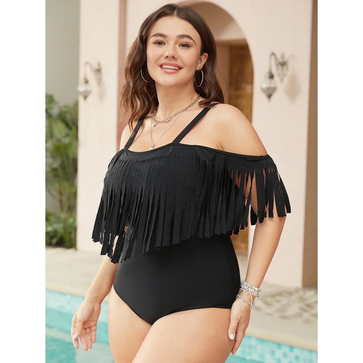 Plus Size Cold Shoulder Fringe Trim One Piece Swimsuit Women's Swimwear Black Vacation Adjustable Straps Curve Bathing Suits High stretch One Pieces BloomChic 12/L Product Image