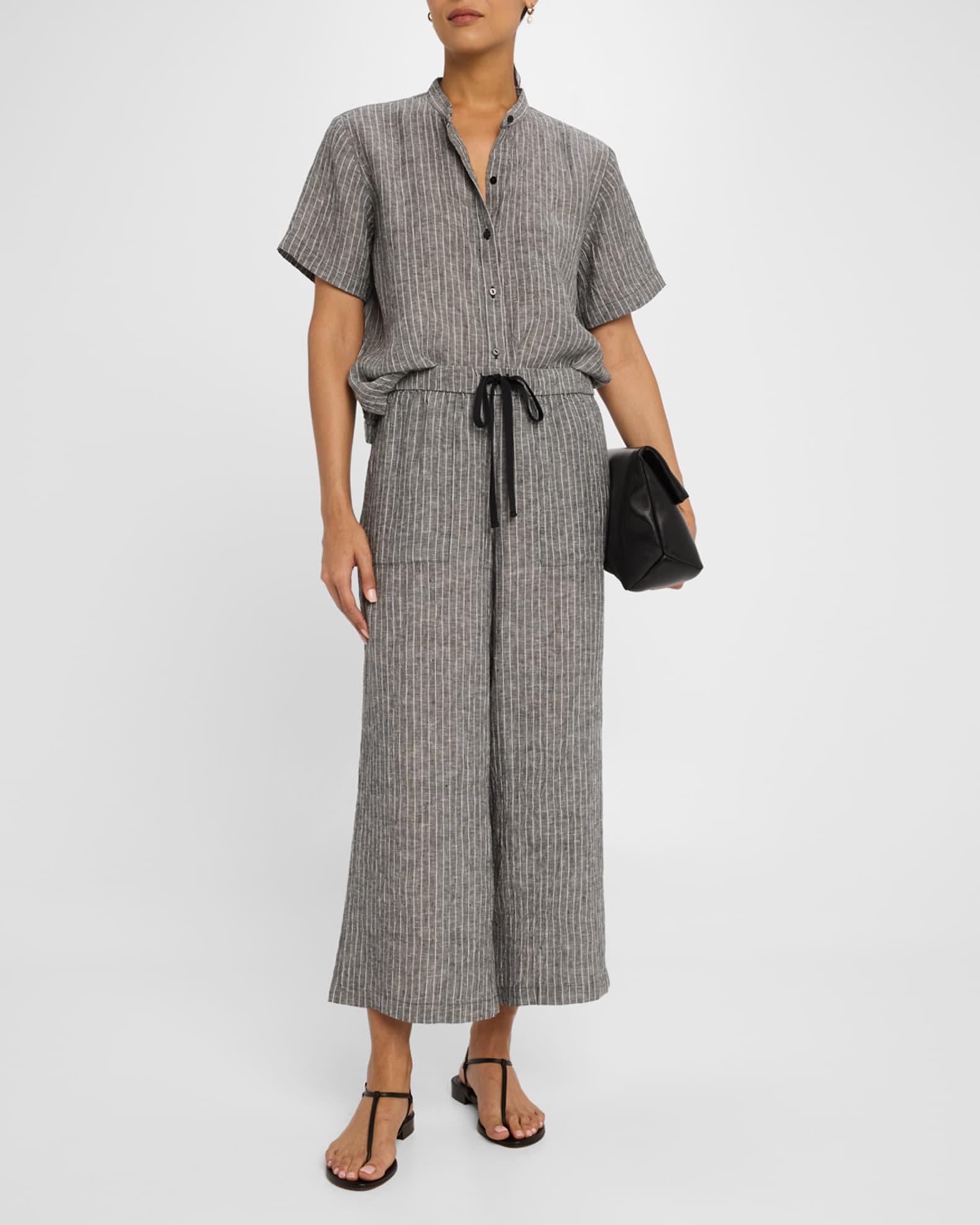 Cropped Wide-Leg Striped Organic Linen Pants Product Image